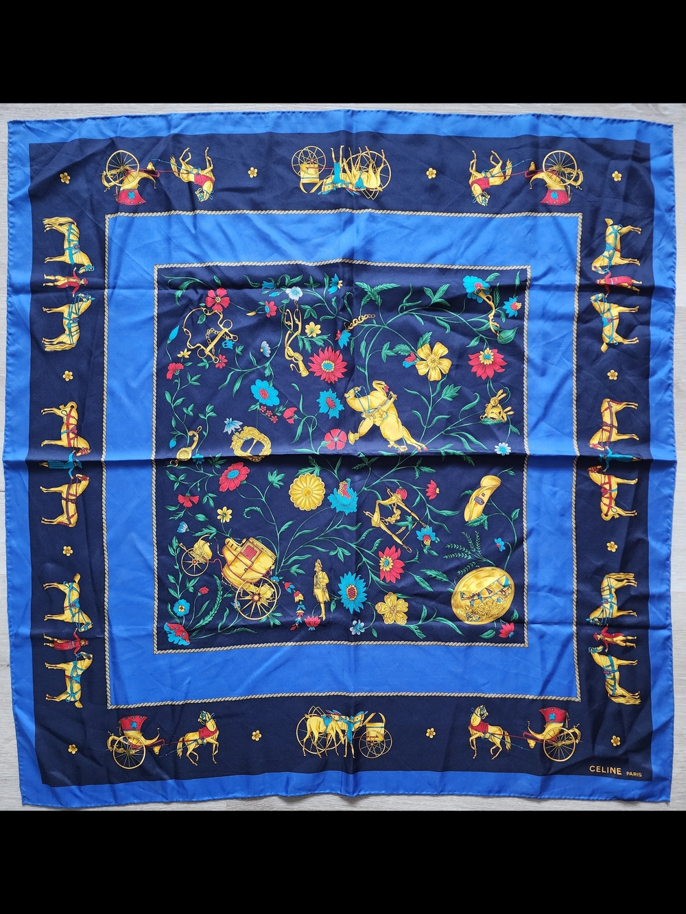 Auth Celine Paris Floral & Carriage Silk Scarf